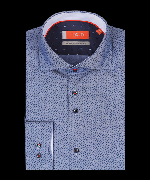 Denimblauw poplin print overhemd