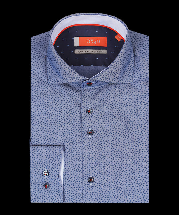 Denimblauw poplin print overhemd