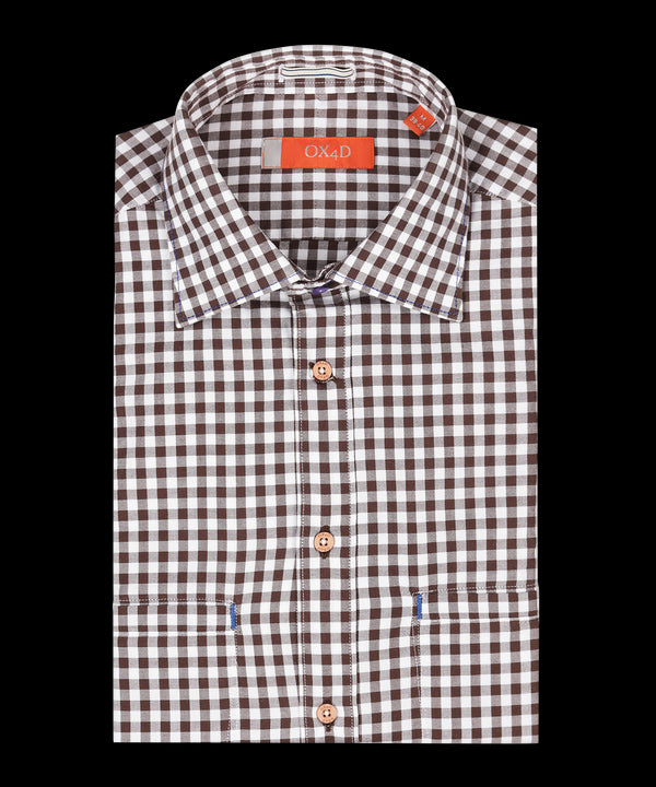 Oxford overhemd met bruin-witte ruit en dubbele borstzak