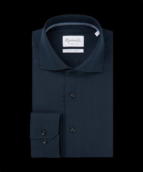 Donkerblauw geweven overhemd met donkere knopen