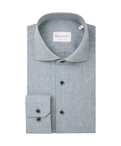 Grijsblauw geweven overhemd met donkere knopen