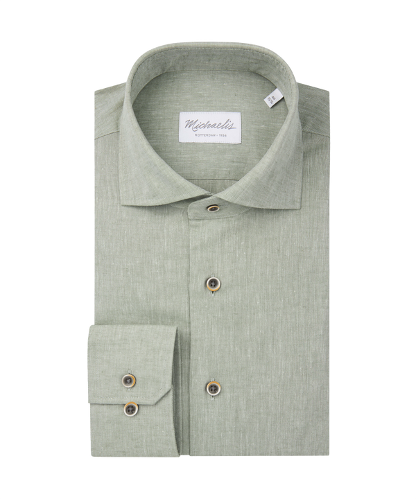 Groen geweven overhemd met bruine knopen