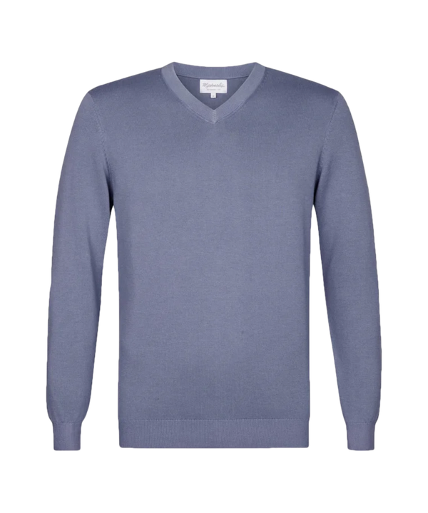 Grijsblauwe trui met v-hals