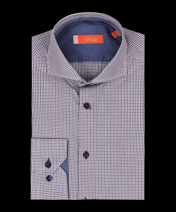 Fijn rood/blauw poplin overhemd met kleine ruit